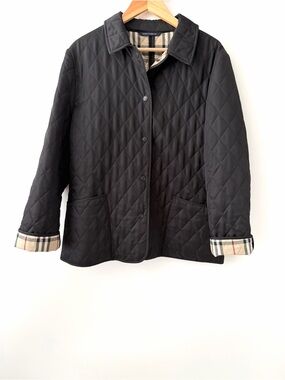 BURBERRY | Black Quilted Jacket Nova Check Plaid Cuff Liner Snap Coat Large